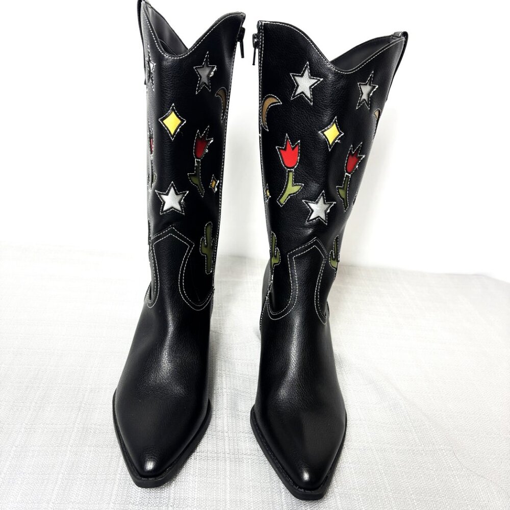 No Boundaries Blk Cowboy Boots w/ western motif cut out Faux Leather Heels NWOT - Picture 6 of 13